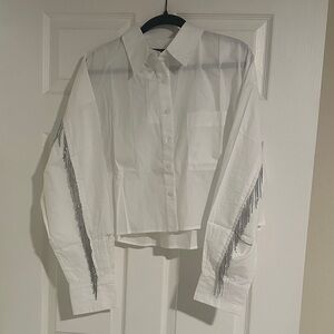 French Connection White Button-Up Shirt with Silver Fringe